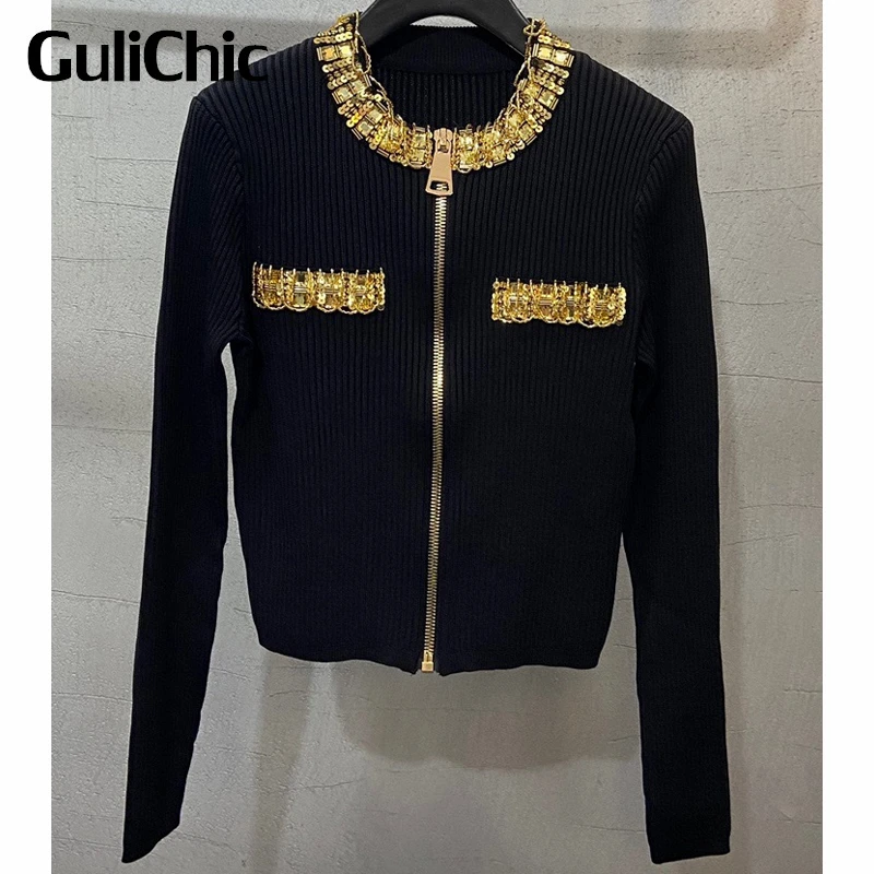 

5.11 GuliChic Women Luxury Temperament Sequins Chain Crystal Decoration Round Neck Zipper Slim Knitted Cardigan