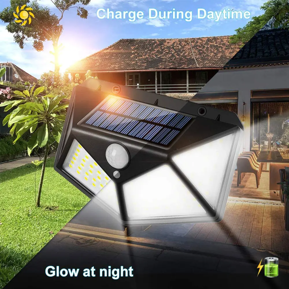 

114 LED Outdoor Solar Light Waterproof Backyard Stair 4 Sides Motion Sensor LED Lighting Wall Lamp Powered Garden Street Light