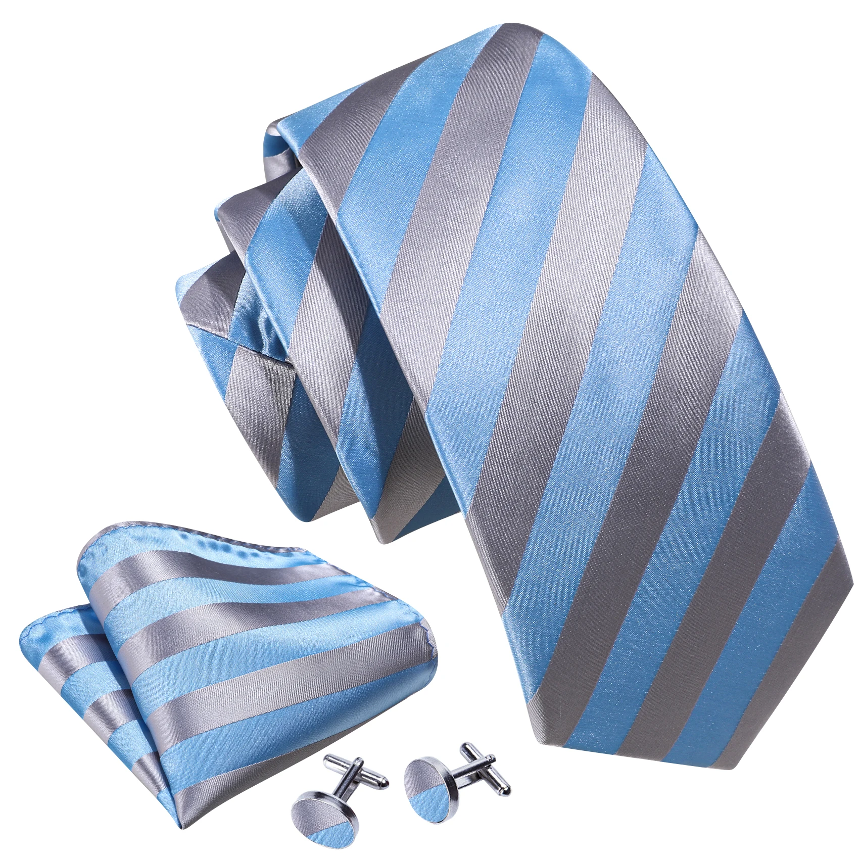 

New Baby Blue Mens Ties Silk Stripe Handkerchief Cufflinks Sets Designer Woven Business Wedding Party Gifts Barry.Wang DS-6365