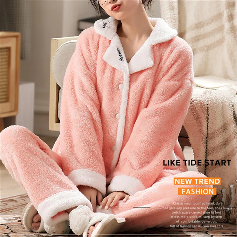 

Nibesser Pajamas Set Women Winter 2pcs Pyjamas Flannel Warm Long Sleeve+Pants Thicken Homewear Sweet Girl Comfy Soft Homewear