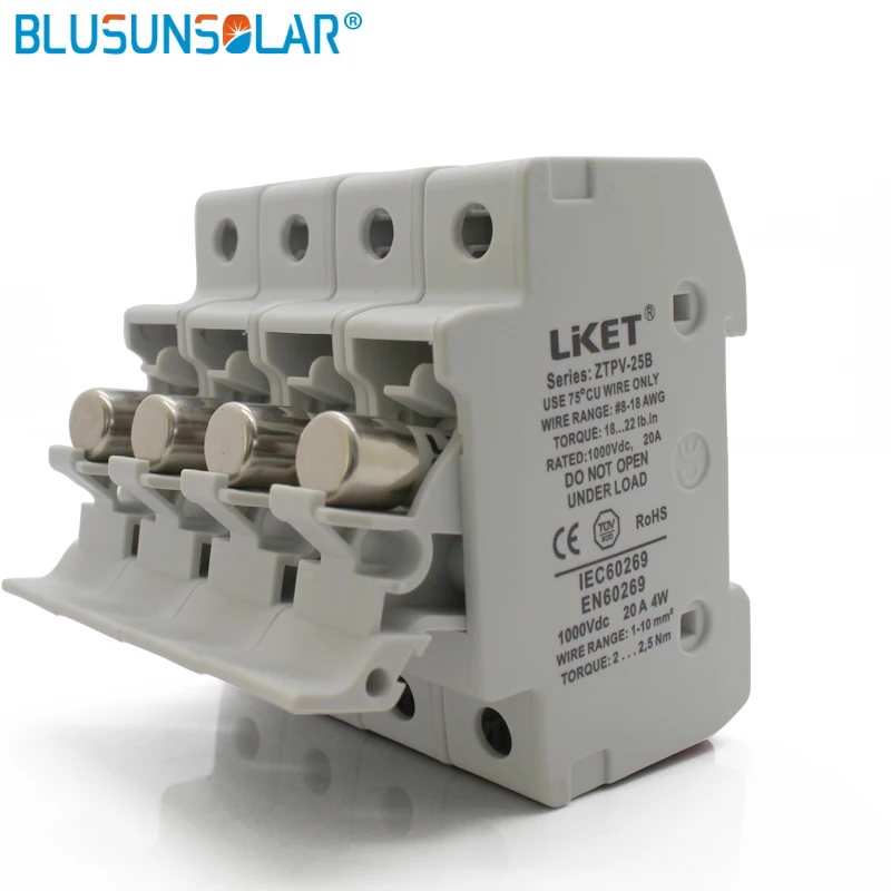 

BULSUNSOLAR1 Set 4P 10/20A 1000V DC Fuse Holder with Fuse Fusible 10x38 GPV, Fuse Base for Solar System Protection