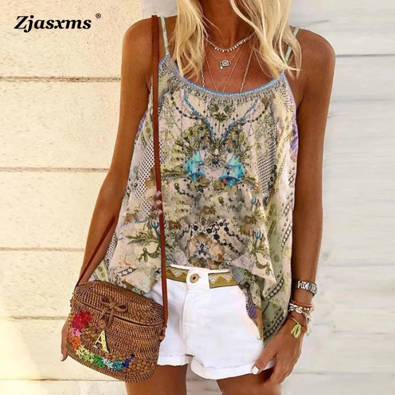 

Женская хлопковая блузка с цветочным принтом, в этническом стиле, с круглым вырезом, без рукавов, пляжный богемный Топ, повседневный Свободный Топ с лямкой на шее, на лето