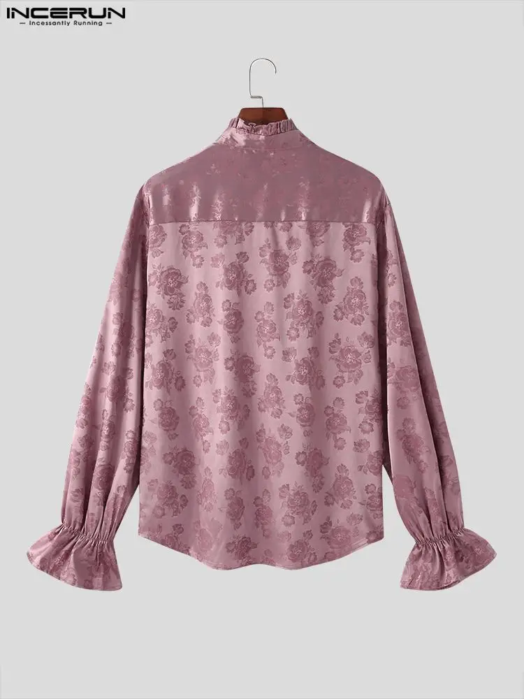 Casual Streetwear Style Tops 2022 INCERUN Men's Party Shows Hot Sale Blouse Male Satin Printing V-neck Long-sleeved Shirts S-5XL