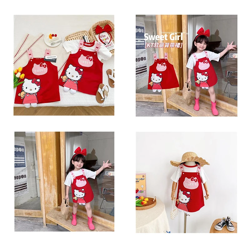 

Kawaii Sanrios Series Summer New Hellokittys Children's Dress Girl All-Match Suspender Suspender Skirt Christmas Birthday Gift