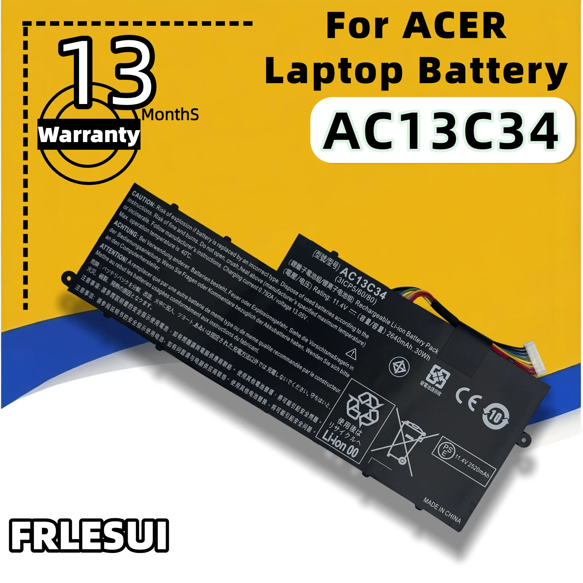 Фото Аккумулятор для ноутбука FRLESUI для Acer AC13C34 Aspire V5-122P V5-132 E3-111 E3-112 ES1-111M MS237 KT.00303.005 11,4 В 2640 мАч/30 Втч №1