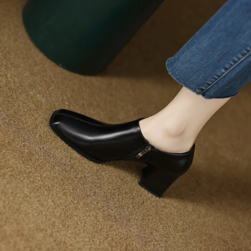 NEW Autumn Women Boots Split Leather Boots Women Square Toe Chunky Heel Modern Boots Black High Heel Ankle Boots botines mujer