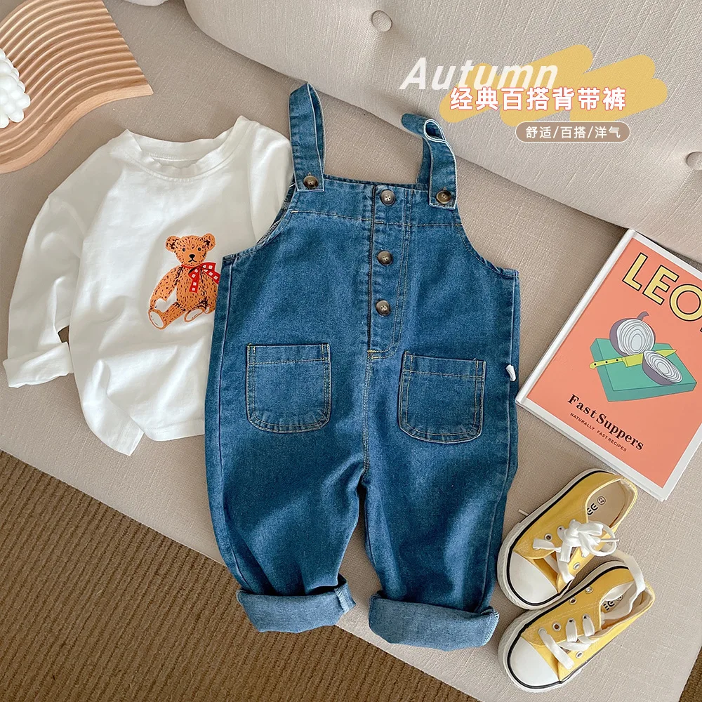 

Children Denim Overalls Baby Boys Girls Pockets Jean Bib Pants Soild Casual Jumpsuit Spring Autumn Fashion Kids Clothes 1-6Y