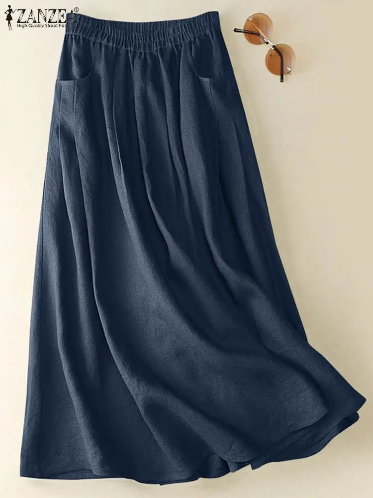 

ZANZEA Fashion Solid Color Skirts Woman Elegant Elastic Waist Jupe Summer Casual Holiday Dress Femme Skirt Pockets Faldas Saia
