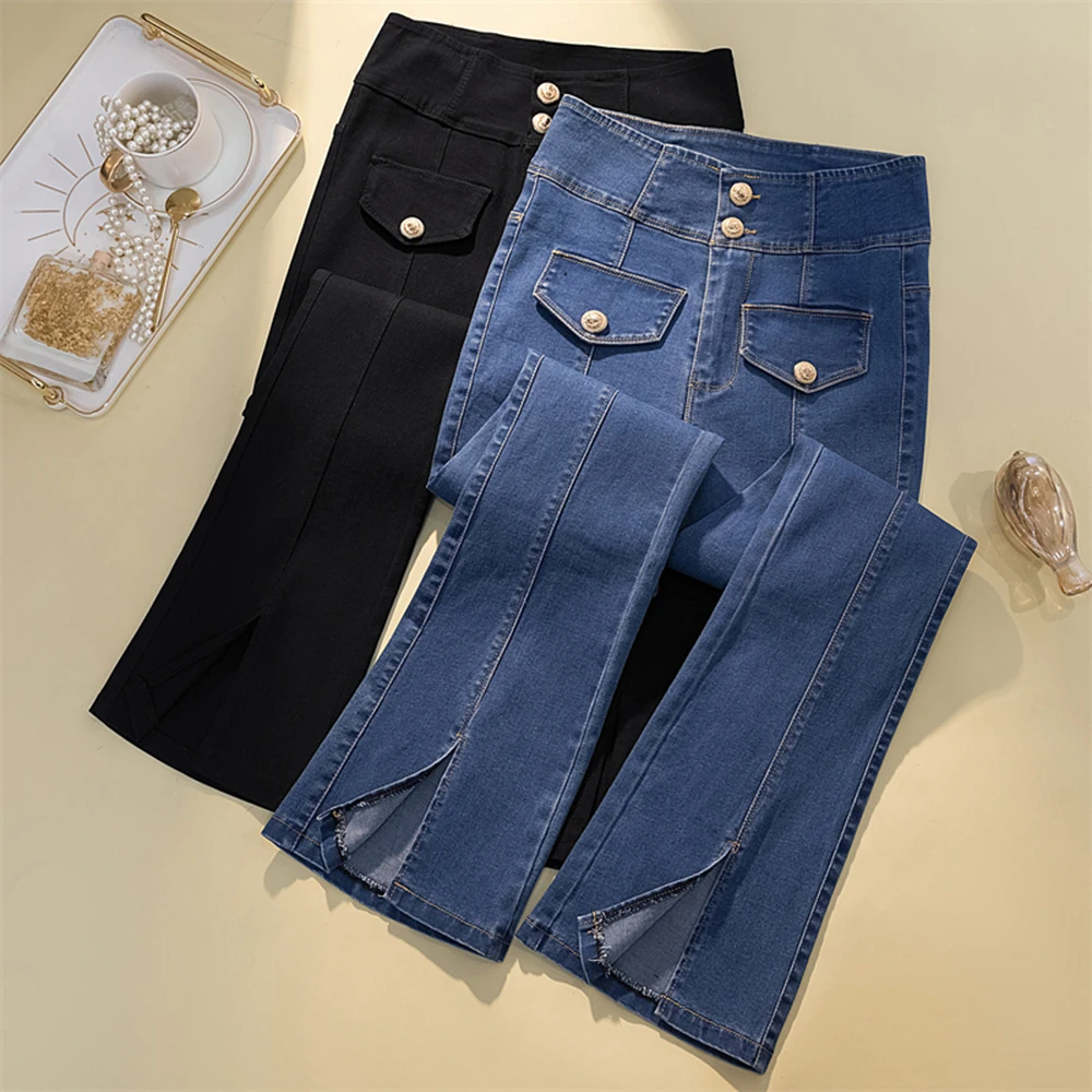 

Split Slim Blue Denim Pants for Women 2022 Spring High Waist Pockets Female Flare Jeans Casual Trousers Femme M-5XL