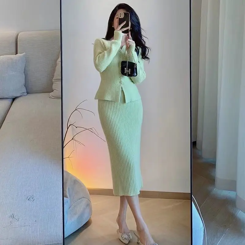 Элегантные вязаные юбки комплект из двух предметов дизайнерский однобортный