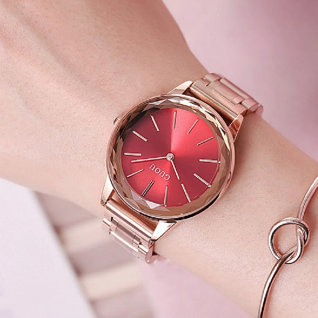 

2018 Original Guou Brand Simple Style Crystal Black White Red Purple Rose Gold Steel Quartz Bracelet Wrist Watch For Women Girls