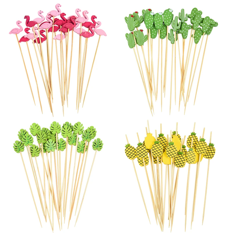 

100Pcs Hawaiian Tropical Toothpick Palm Leaf Flamingo Pineapple Cupcake Fruit Picks Decorations for Summer Beach Party Supplies