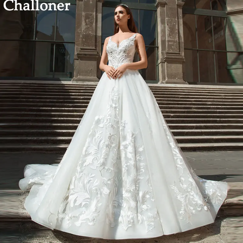 

Sleeveless Spaghetti Straps Wedding Dress A-Line Open Back Sexy Deep V-Neck Tulle Pleated Lace Appliques Princess Bridal Gown