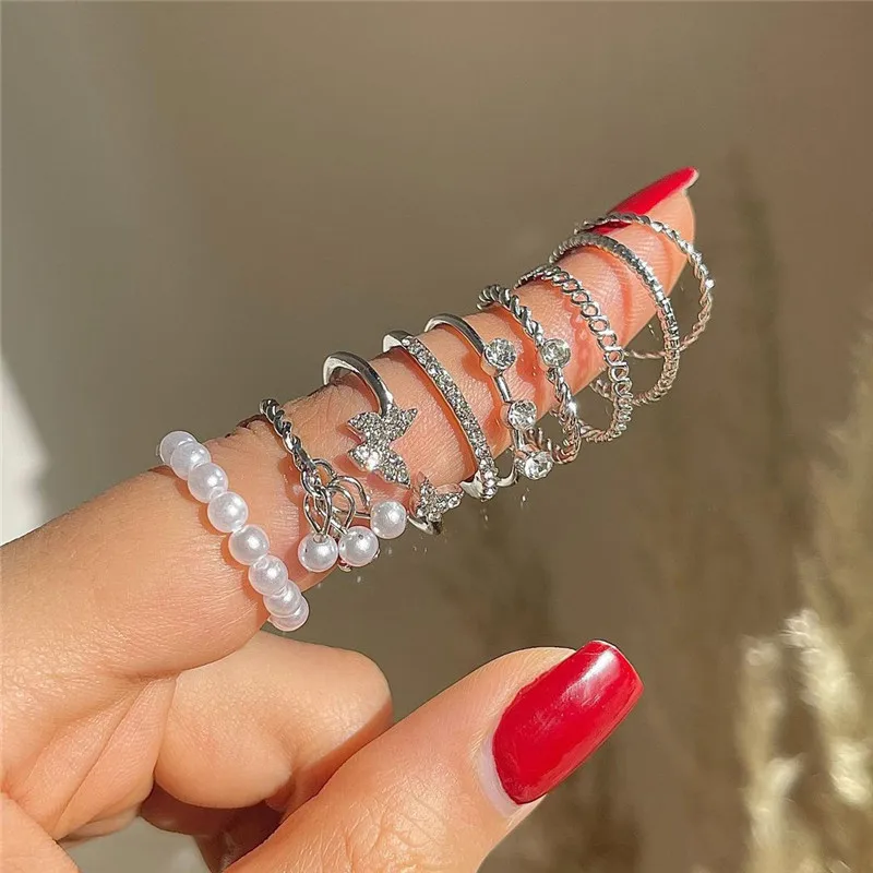 

LETAPI 9pcs/set Bohemian Silver Color Pearl Rings Set For Women Fashion Crystal Heart Butterfly Rings Party Jewelry Gifts