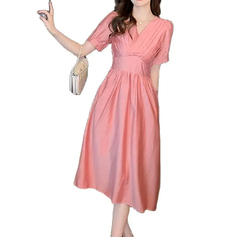 

Wisher&Tong Women's Summer Dress V-neck Short Sleeve French Style Long Dress Chic And Elegant Evening Dresses Robe Femme Vestido