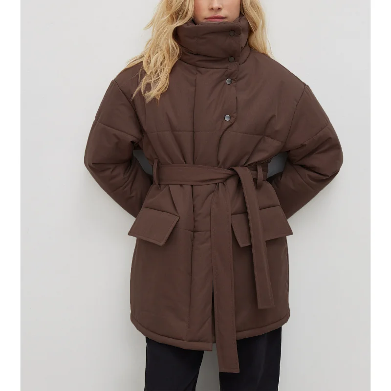 Button High Stand Collar Parkas 2022 American Women's Temperament Soft Warm Windproof Belt Cotton Padded Jacket Office Lady Coat