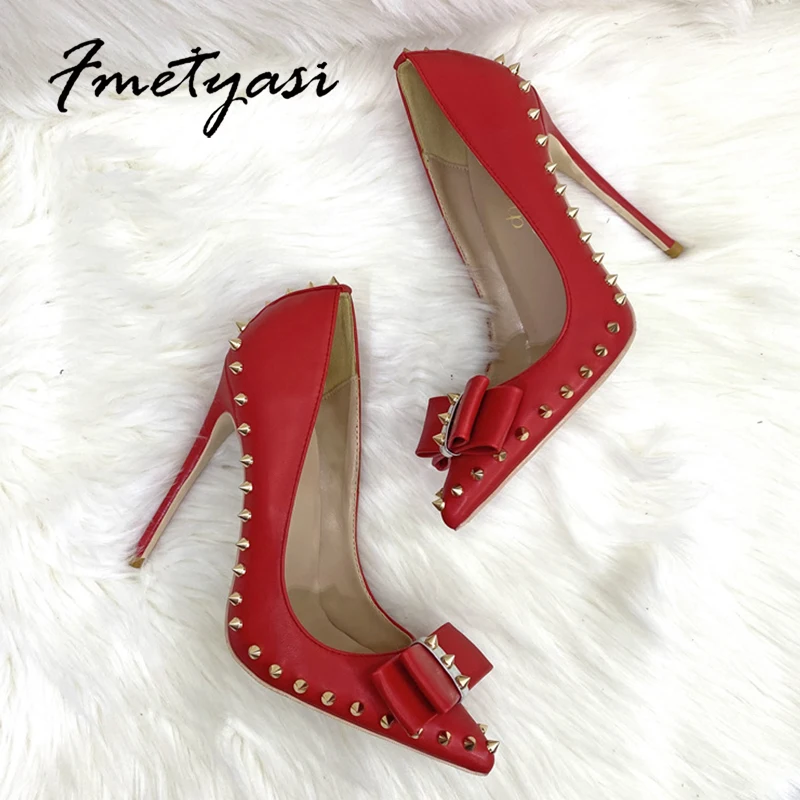 Sexy 8-12Cm Ladies Rivets Red Matte High Heel Bow Pointed High Heels Toe Stiletto Pumps Party