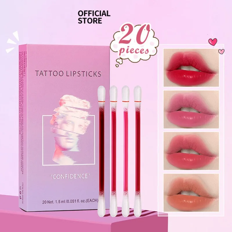 20Pcs Cotton Swab Type Tattoo Lipsticks Easy to Apply Lip Stain Long Lasting Lip Gloss Kits Nourishing Portable Beauty Health