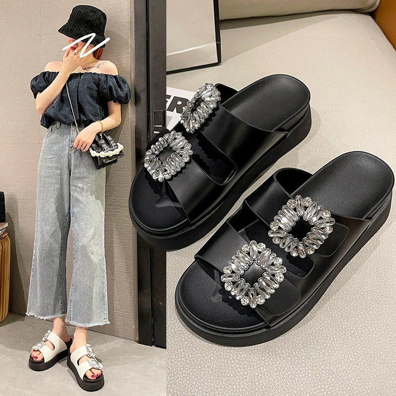 

Summer Thick Platform Slippers Double Row Couple Flat Sandals Women Soft Bottom Cloud Slippers Heel Indoor Wear-resistant Shoes