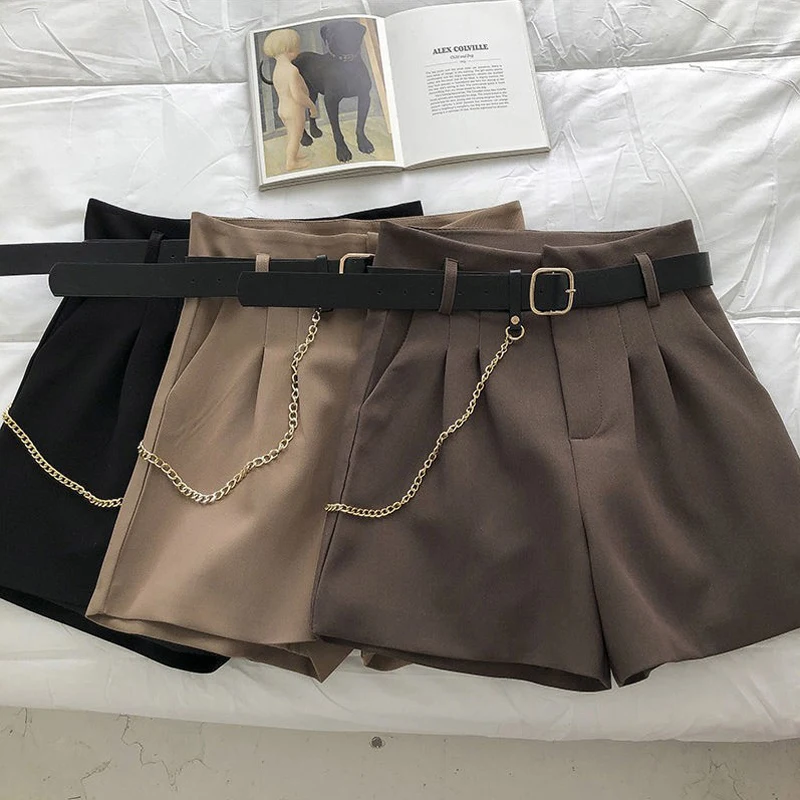 Office Lady Shorts Summer Button Beach Pocket Wide-leg Loose Drape Korean Casual Women High Waist Chain Decoration Belt Casual