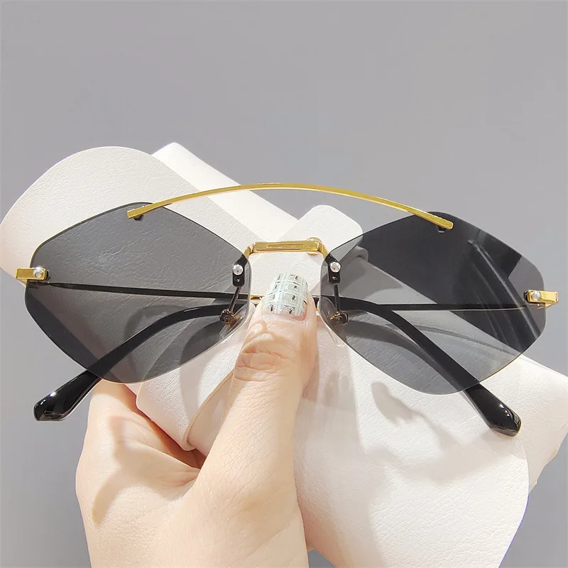 Unique Diamond Irregularity Rimless Small Sunglasses For Women New Brand Double Beam Gradient Sun Glasses Men Hip Hop Shades |