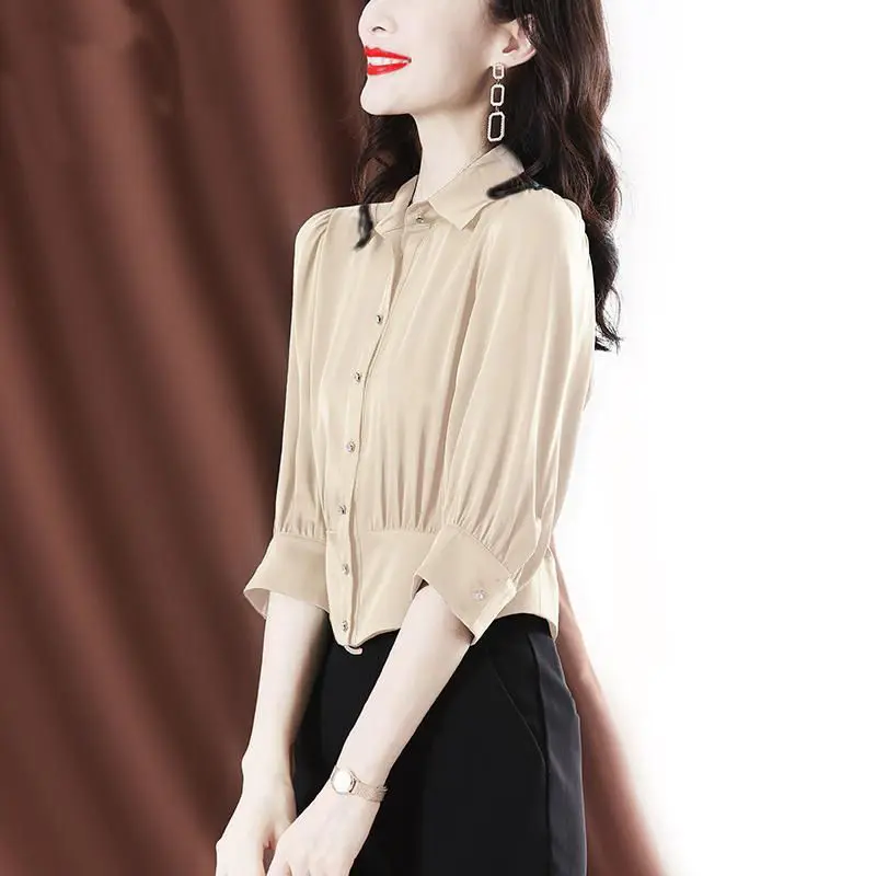 

Женская блузка, новинка весны 2023, Высококачественная шелковая рубашка из искусственного шелка, однотонная модная маленькая рубашка, узкая рубашка, блузка