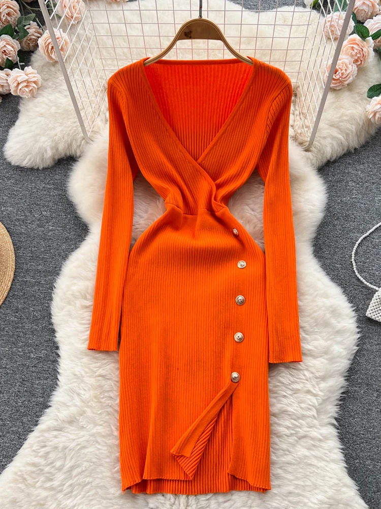 

YuooMuoo женское элегантное платье с V-образным вырезом на пуговицах с разрезом для женщин 2022 осеннее вязаное платье-свитер с длинным рукавом пл...