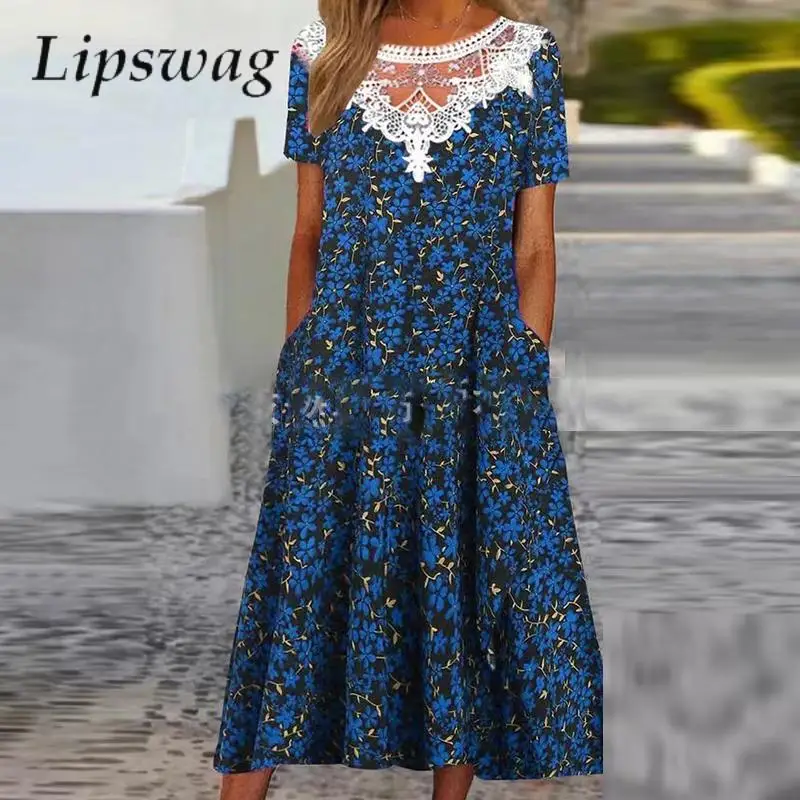 

Винтажное повседневное женское платье с коротким рукавом, элегантное льняное платье с цветочным принтом, модное лоскутное кружевное плать...