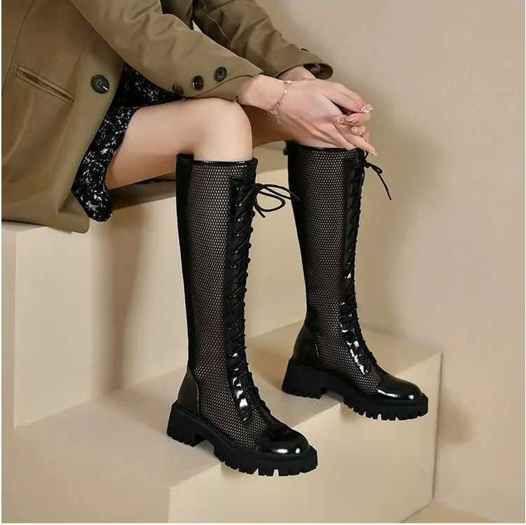 

2022 New Fashion Women knee-length Boots Square heel Zipper Sexy Lace Mesh Boots Summer Cool Boots Breathable Women's Shoes