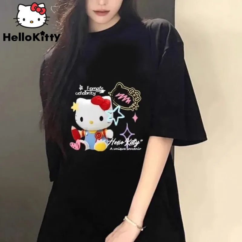 Футболка Sanrio с принтом Hello Kitty Женская милая рубашка в стиле хип-хоп коротким