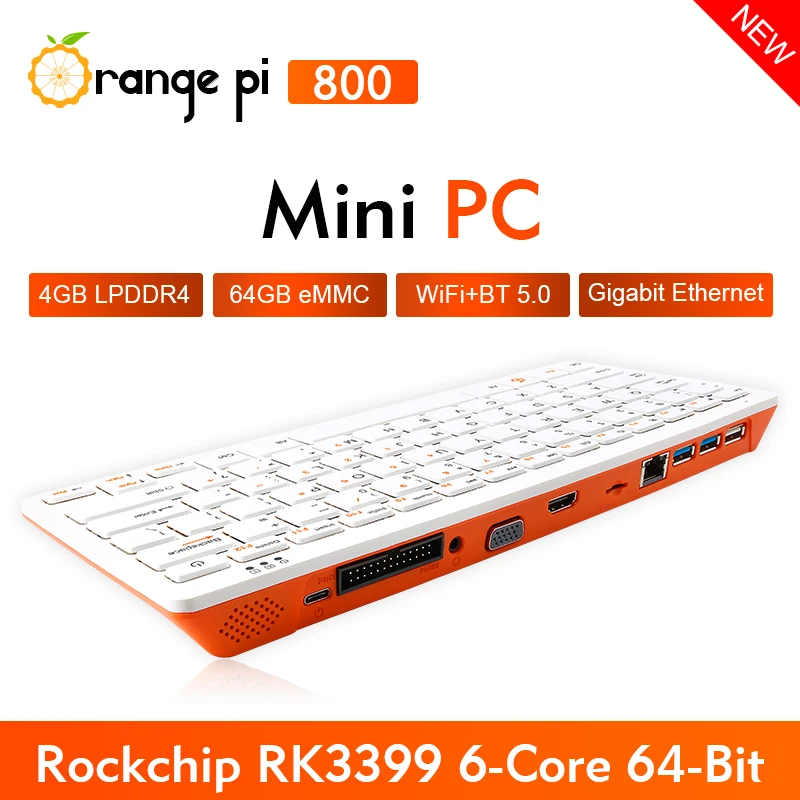 Мини-ПК Orange Pi 800, 4 Гб ОЗУ + 64 Гб EMMC Rockchip RK3399 SoC 4K HD, 64 бит, Двухдиапазонная беспроводная Wi-Fi + BT 5.0, портативная игровая клавиатура