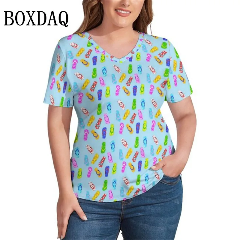 

Colorful Vacation T-Shirt Flip Flop Pattern Funny Oversize Tees Short-Sleeve V Neck Clothes Ladies Beach Graphic Tops Plus Size