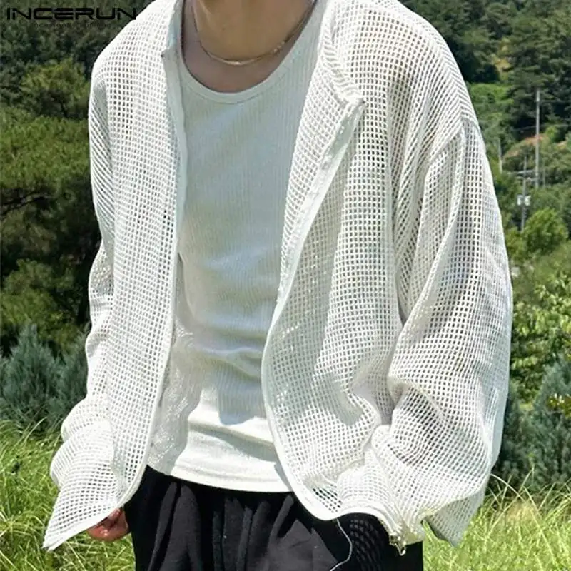 Рубашка INCERUN Мужская сетчатая Прозрачная с круглым вырезом и длинным рукавом на