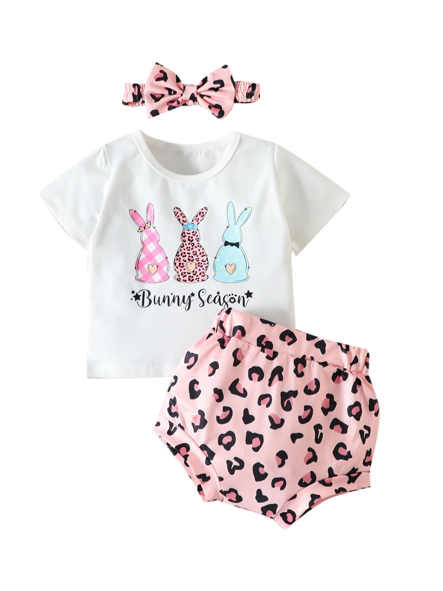 

YILEEGOO Baby Girls Easter Outfits Short Sleeve Rabbit Print Tops Leopard Dot Print Shorts Headband Suit