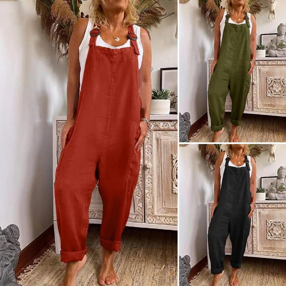 

Женский винтажный комбинезон без рукавов, повседневный однотонный комбинезон с регулируемыми бретельками и карманами, комбинезон с широки...