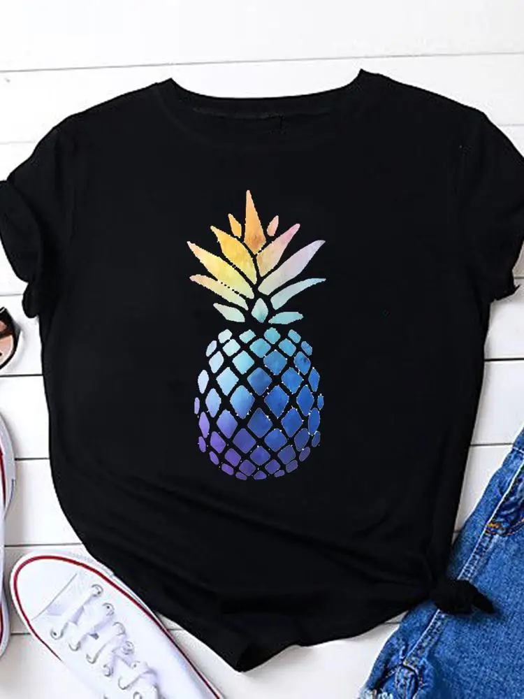 

Пляжная Милая футболка с ананасом, новинка, футболка с коротким рукавом, летняя графическая футболка, модная женская повседневная черная од...