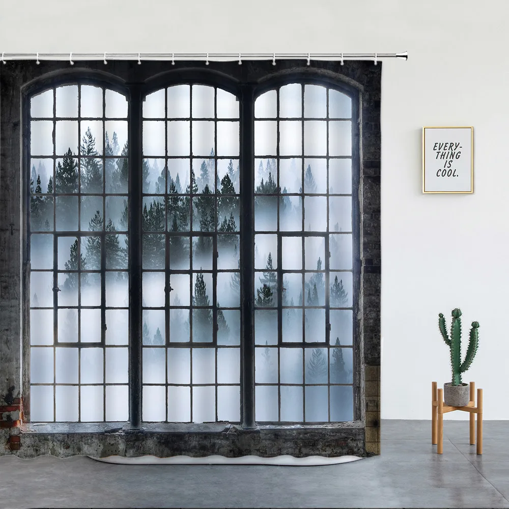 

Fog Forest Landscape Shower Curtain Retro Black Old Window Natural Scenery Fabric Print Wall Hanging Bathroom Decor Curtains Set