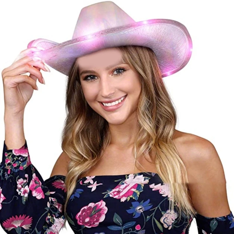 

Carnivals Illuminated Cowboy Hat with LED Wide Brim Bridal Fedoras Hat for Outdoor Photoshoots Supplies