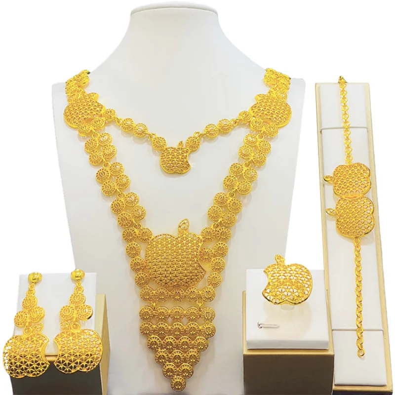 

Hot Sale 24k Gold Plated Jewelry Vietnam India Dubai Jewelry Bridal Necklace Hand Jewelry Ring Earring Set Factory Direct Sale