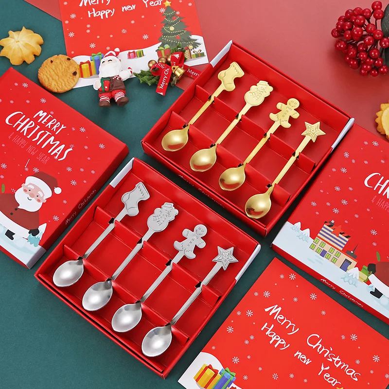 

Christmas Gift Cutlery Spoon Fork Set Elk Christmas Tree Decoration Dessert Spoon Fruit Fork Gingerbread Coffee Spoon Cutlery