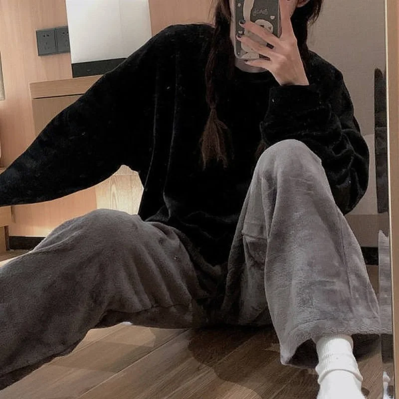 QWEEK Pj Sets for Women Kawaii Pajama Black Solid Color Loungewear Flannel Pijamas Girls Winter Home Wear Sleepwear Pyjamas Cute