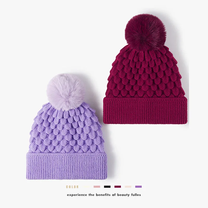 

Unise Warm Knitted Hats With Pom Pom Ball Winter Fshion Solid Color Wool Thick Female Cap Skullies Bonnet Simple Beanies