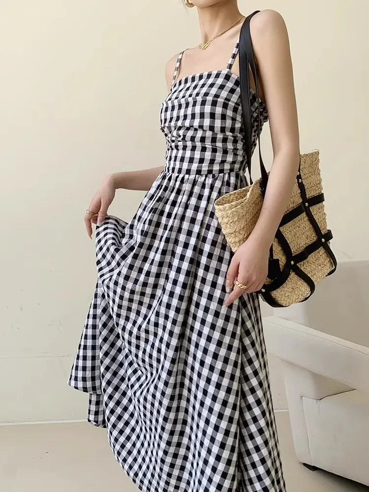 Черно-белое клетчатое платье без бретелек для женщин Летнее приталенное