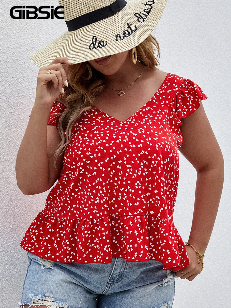 

GIBSIE Plus Size V Neck Heart Print Ruffle Hem Blouse Women Butterfly Sleeve Boho Casual Summer Ladies Blouses and Tops 3xl 4xl