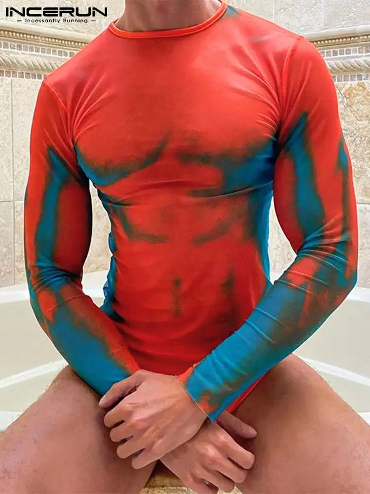 INCERUN Fashion New Men's Hot Sale Onesies Long Sleeve Comeforable Rompers Male Sexy Casual Breathable Mesh Bodysuits S-5XL 2023