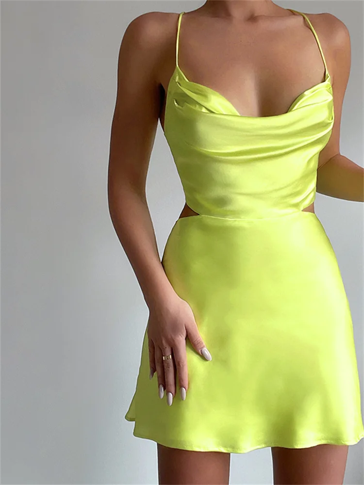 

CHRONSTYLE Backless Lace Up Women Solid Satin Mini Dress Cut Out Sexy Party Club Streetwear 2022 Summer Halter Low Cut Vestidos