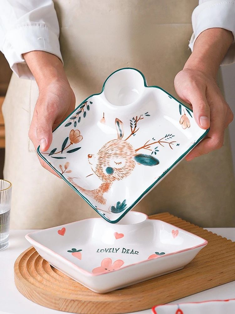 

New Fashion Plate with Vinegar Plate Ceramic Compartment Plate Creative Household Japanese Tableware Cold Dish Plate