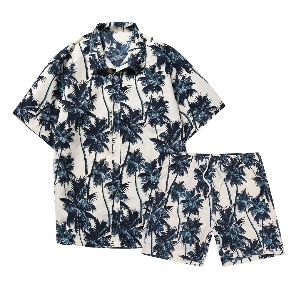 Summer Men's Beach Casual Suit Handsome Short-sleeved Shorts Coconut Tree Print Vacation Hawaiian Shirt Shorts Two-piece Set