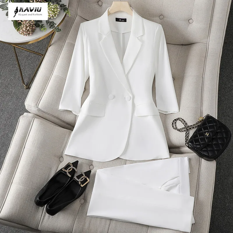 

NAVIU White Suits Women New Summer High End Fashion Temperament Half Sleeve Casual Blazer And Pants Sets Office Ladies Work Wear