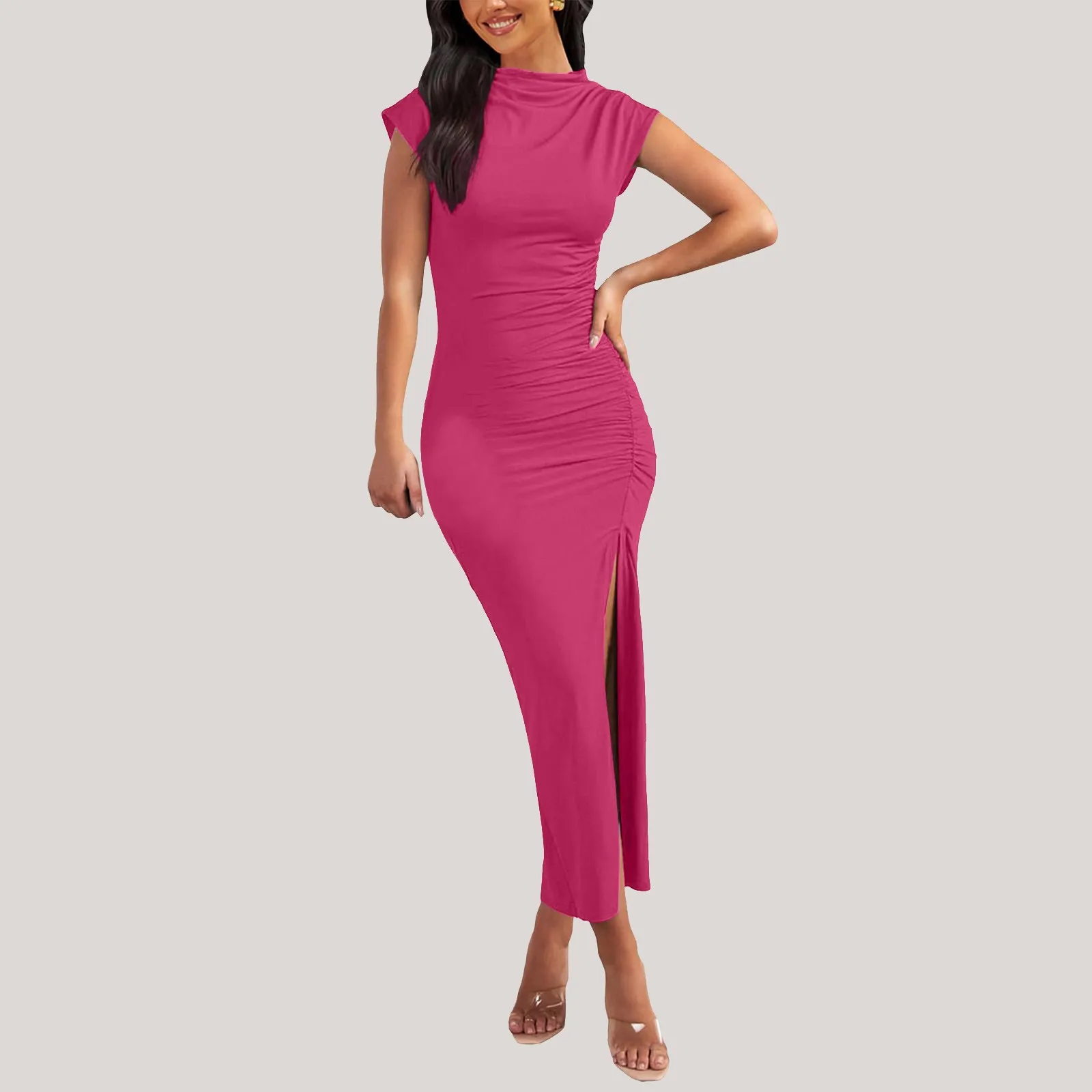 Женское сексуальное облегающее платье макси с высоким разрезом и рюшами